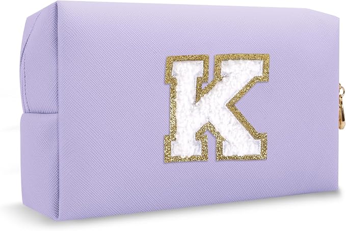 Personalized Small Preppy Makeup Bag, Chenille Letter Purple Initial Travel Toiletry Organizers Cosmetic Zipper Pouch Purse, Waterproof PU Make Up Case Travel Essentials for Women Friendship(Letter K)