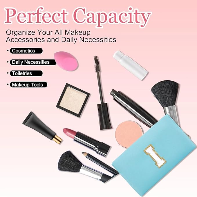 Small Personalized Letter Makeup Bag, Cute PU Leather Chenille Letters Cosmetic Bag Travel Makeup Pouch, Preppy Travel Organizer Zipper Pouch for Women&Girls（Blue-I）