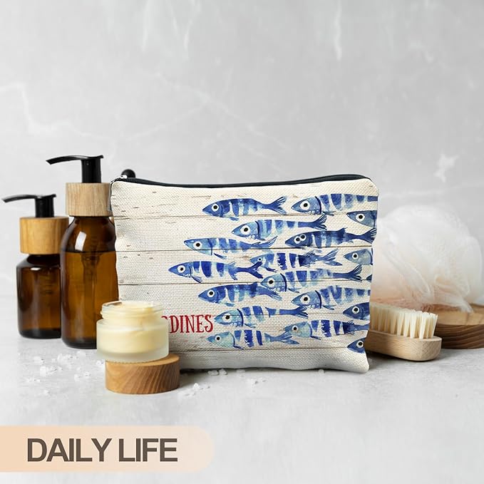 Vintage Sardine Fish Makeup Bag, Ocean Beach Lovers Gifts Cosmetic Bags for Women, Gifts for Fishing Lovers, Retro Nautical Beach Zipper Makeup Pouch