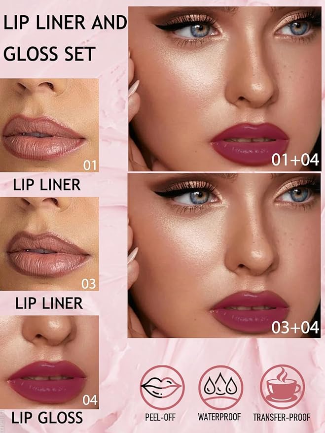 Peel Off Tattoo Lip Liner Stain Lip Gloss Combo Sets, 2 Colors Rose Pink Brown Matte Lip Liner and Nourishing Lip Gloss Tint Stain Kit, Long Lasting Waterproof Non Sticky Liquid Lipstick Makeup-Set 04
