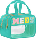 Chenille Letter Clear Medicine Bags, Makeup Bag for Travel, Preppy Patch Nylon Cosmetic Meds Pouch with Handles and Zipper, Waterproof Large Clear Travel Toiletry Purse Storage for Women Green