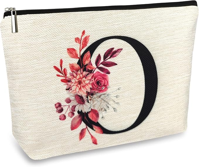 Initial A-Z Personalized Floral Makeup Bag, Monogrammed Birthday Gifts for Women Mom, Mothers Day Christmas Gift Ideas for Best Friend, Bride Bridesmaid, Her, Grandma, Small Travel Cosmetic Bag (O)