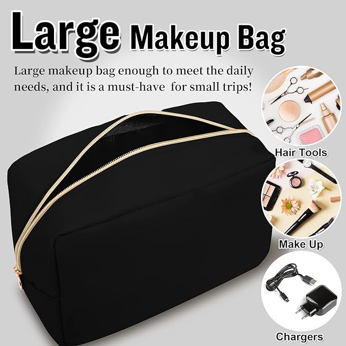 Nylon Large Makeup Bag Travel Pouch for Women, Preppy Big Black Makeup Bag Cute Cosmetic Zipper Pouch Purse, DIY Chenille Letter Bag Waterproof Toiletry Bag Clutch Make Up Organizer for Girls(Black)