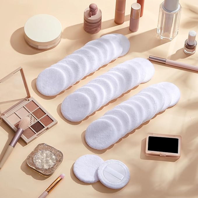 40 Pcs Cotton Powder Puffs Bulk Washable, 2.36 Inch Round Makeup Dusting Powder Puff with Ribbon for Face Body Cosmetic, White