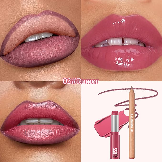 Erinde 2pcs Lip Liner and Lipstick Combo Set, Matte Lipliner Pencil & Hydrating Lip Gloss Makeup Kits for Women, Waterproof, Long Lasting, Highly Pigmented, Nude Brown Natural Lipstick, 02