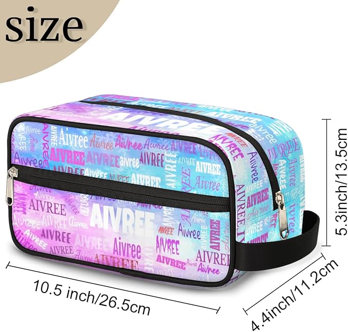 Personalized Name Makeup Bag, Custom Women Cosmetic Travel Toiletry Bag Pouch Organizer for Vacation Weekend, Painted Blue Pink Watercolor