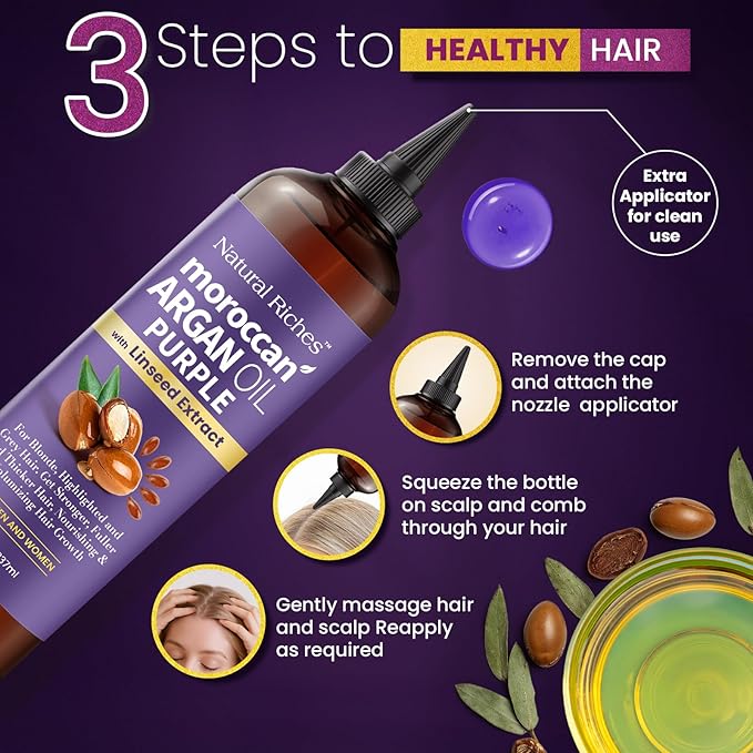 Natural Riches Moroccan Argan Oil Purple, Anti-Brass Hair Treatment with Linseed Extract for Silver Blonde Platinum Hair removes Yellow & Brass tones. Grey Highlighted Hair 8 fl oz