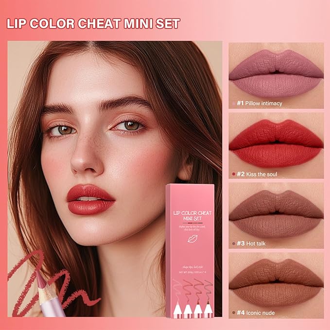 Matte Lip Liner Pencil Set,4 Colors Mini High-Pigmented Long Lasting Waterproof Cream Smooth Texture Lip Color Mini Combo Set Makeup (Sharpener Not Included)
