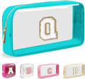 Small Clear Personalized Initial Makeup Bag, Preppy Nylon A-Z Chenille Letter Patch Makeup Organizer TSA Approved Travel Toiletry Bag,Waterproof Zip Beach Cosmetic Pouch Purse for Women(Cyan-White Q)