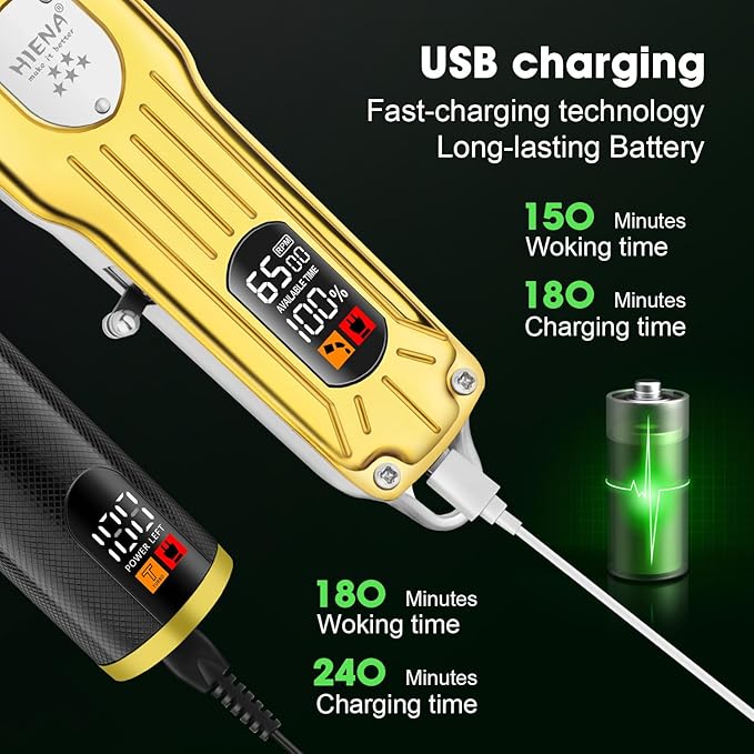 HIENA PRO Hair Clippers Set for Men, Professional Barber Kit for Hair Cutting, Cordless Rechargeable Clippers and Trimmers Set, Hair Cutting Kit with LED Display, USB, Gifts for Men (Gold Black)