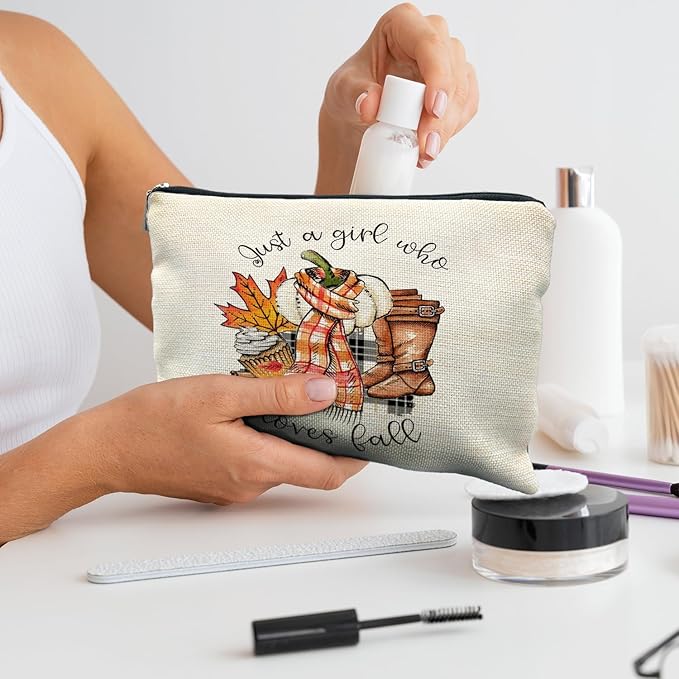 Just a Girl Who Loves Fall Makeup Bag, Fall Gifts for Women, Fall Lovers Gifts, Autumn Pumpkin Coffee Cosmetic Bag for Women, Fall Themed Gifts, Womens Makeup Bag, Fall Makeup Pouch