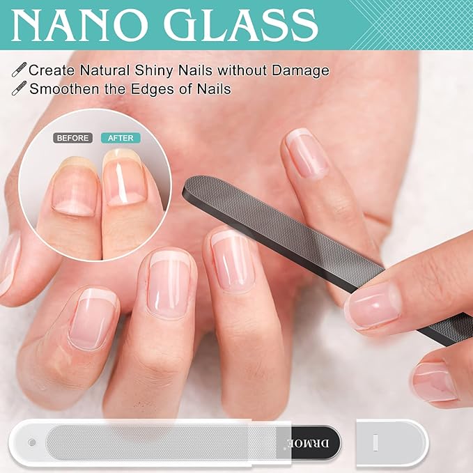 Glass Nail File Buffer with Case - 5PCS Nail Buffer and Nail Shiner Kit Glass Cuticle Pusher Nail Care for Men Women Nail Files for Natural Acrylic Nails Fingernail Files Manicure Tool