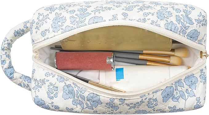 Makeup Bag Travel Cosmetic Bag for Women, Zipper Make Up Pouch, Floral Flowers Toiletry Organizer Makeup with Handle, Cosmetic Travel Cloth Bag (Blue Floral)