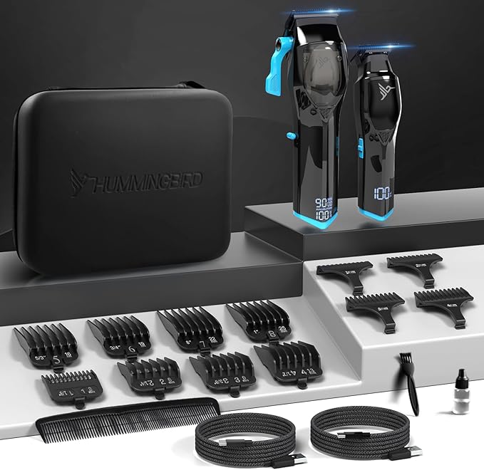 HUMMINGBIRD Pro Series Hair Clippers and Trimmer Set – 9,000 RPM Brushless Motor, DLC Blade, Zero-Gapped T-Blade Trimmer, Cordless USB-C Rechargeable, Super Torque, Carry Case, Professional Barber Kit