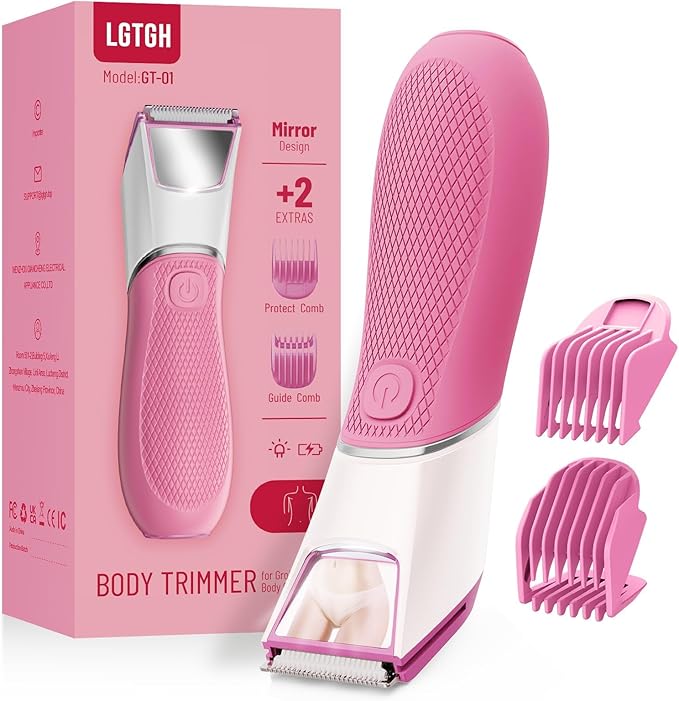 Bikini Trimmer for Women: Pubic Hair Razor with Mirror & LED Light, Electric Shaver with Ceramic Blades & Travel Lock - Body Groomer IPX7 Waterproof Use for Legs/Arm/Underarm - Rose Red