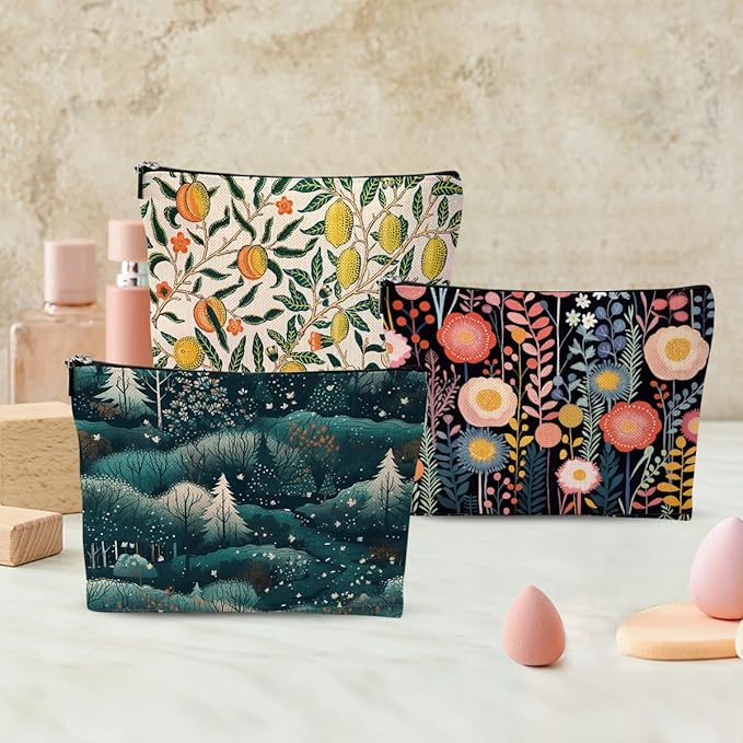 3Pcs Classic Forest Flower Fruit Makeup Bag Cosmetic Bags for Women, Abstract Botanical Travel Toiletry Bag, Thank You Anniversary Birthday Friendship Gifts for Women Girls Mom Friends Teacher