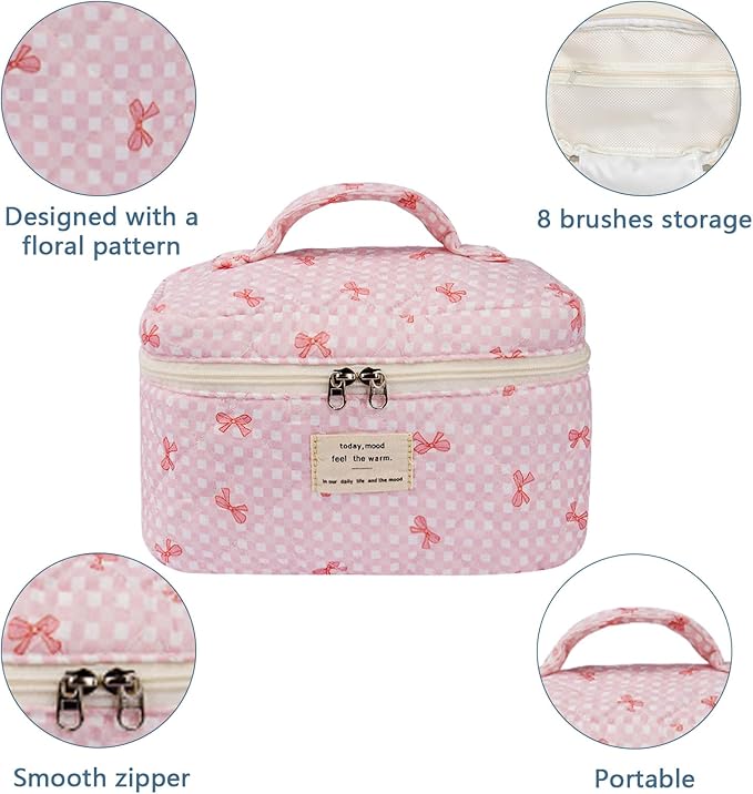 Large Makeup Bag, Cute Cosmetic Bag for Women Girls, Floral Coquette Aesthetic Toiletry Bag, Travel Make Up Organizer Bag (Pink Butterfly)
