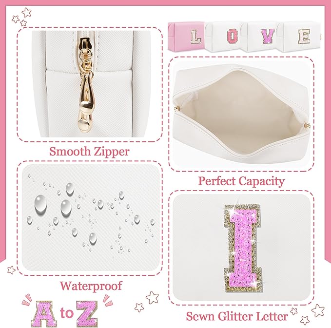 Initial Letter Patch Makeup Bag, Small Preppy A-Z Glitter Letter Cosmetic Bag, PU Leather Waterproof Travel Toiletry Bag, Cute Make Up Pouch Personalized Monogrammed Gift for Women Teen Girls