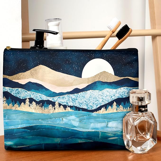 Cute Makeup Bag for Purse Waterproof Cosmetic Bags for Women Funny Smooth Zipper Travel Toiletry Pouch 10X8 Inches-Blue Mountain Moon Lake Makeup pouch