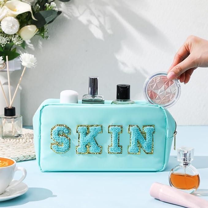 Remerry 4 PCS Nylon Cosmetic Bags Waterproof Spacious Travel Makeup Organizer for Women Chenille Letter Preppy Zipper Pouch Face Stuff Skin Hair Organizer Gift(Light Blue, Green, Purple, Pink)
