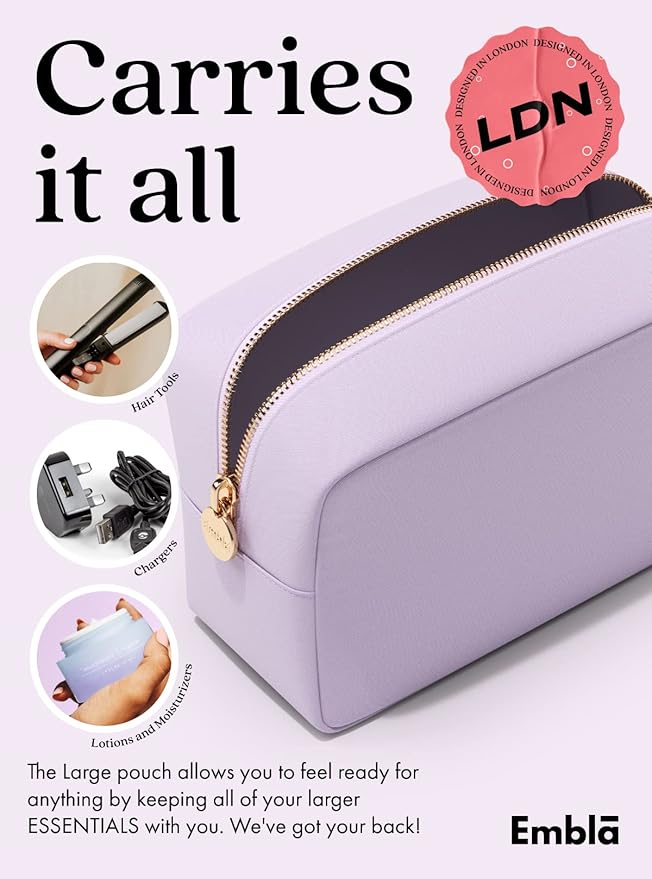 Embla Makeup Bag Travel Cosmetics Pouch and Toiletry Bag, Nylon Zipper Pouch Purse, Cute Make Up Organizer Storage Tote for Women Girls, Waterproof Travel Skincare Case, Large Makeup Bags, Lilac
