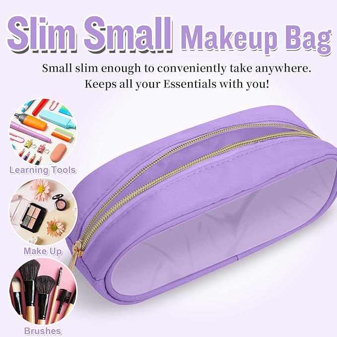 Nylon Small Clear Slim Preppy Cosmetic Zipper Pouch, PVC Toiletry Clutch Coin Makeup Organizer for Women Girls (Purple)
