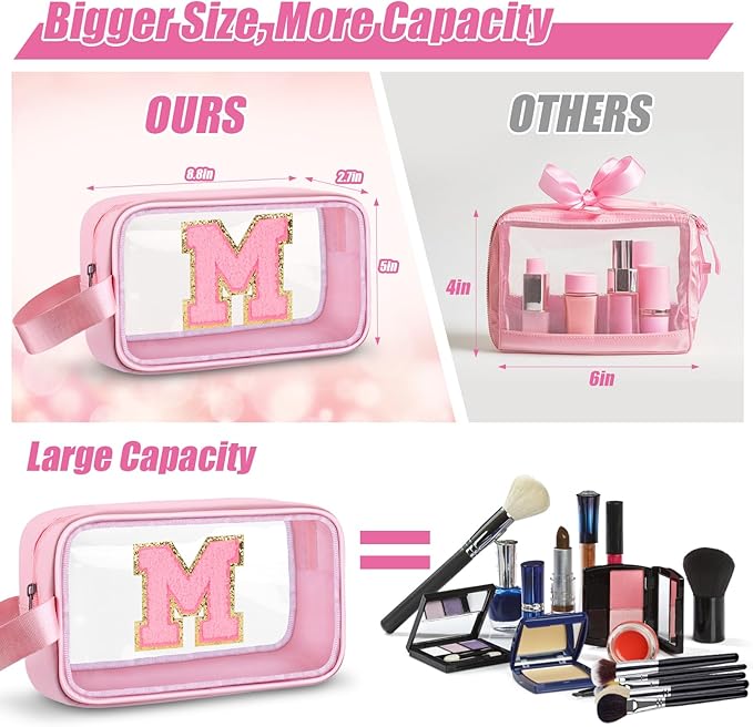 Initial Makeup Bag,Letter M Cute Clear Monogrammed Cosmetic Travel Bag for Womens Girls,Personalized Pink Aesthetic Traveling Make Up Organizer Bag for Beach,Waterproof Toiletry Bag