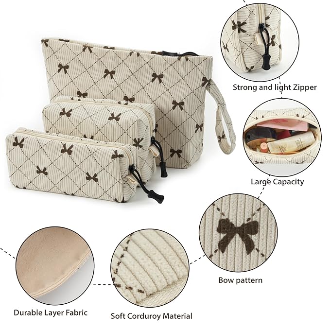 Makeup bag set small Cosmetic bag for women purse Corduroy Organizer with interior Pockets,cute Pencil zipper Pouch travel Toiletry Bag with handle(Beige Bowknot)