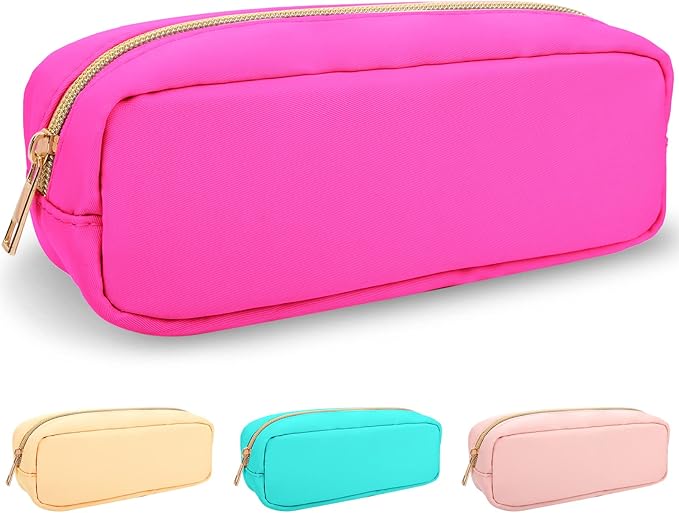 Izuzt Nylon Small Makeup Bag, Slim Pouch - Preppy Cute Makeup Brush Case, Cosmetic Zipper Pouch for Purse, Waterproof Travel Toiletry Bag Clutch, Makeup Organizer for Women & Girls (Hot Pink)