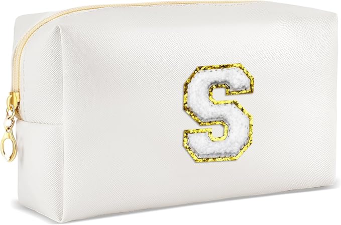 Gifts for Girls Initial Makeup Bag Personalized Cosmetic Bag with Zipper Cute Travel Toiletry Bags Waterproof PU Preppy Makeup Pouch Birthday Gift for Teen Girls Women(White S)