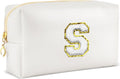Gifts for Girls Initial Makeup Bag Personalized Cosmetic Bag with Zipper Cute Travel Toiletry Bags Waterproof PU Preppy Makeup Pouch Birthday Gift for Teen Girls Women(White S)