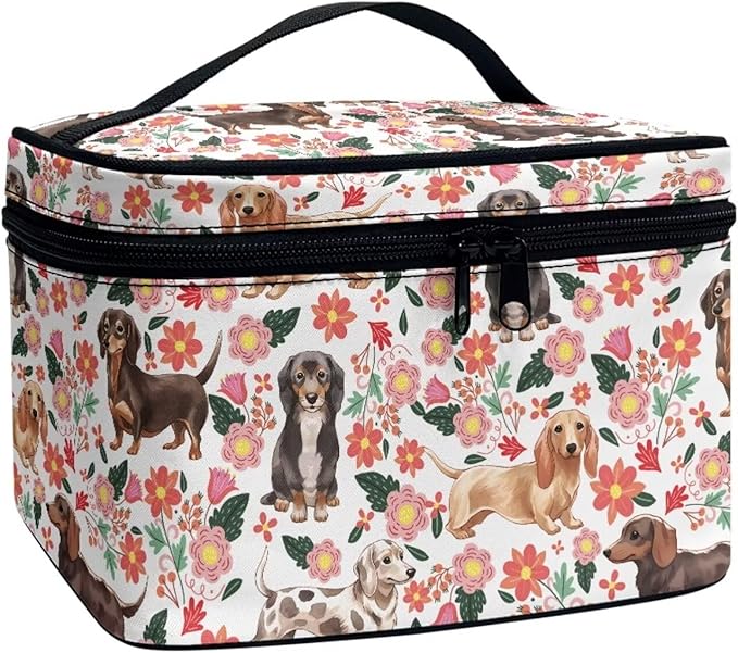 JoyLamoria Dachshund Rose Cosmetic Bag Outdoor Travel Makeup Bag Cute Cosmetic Wallet Coin Purse