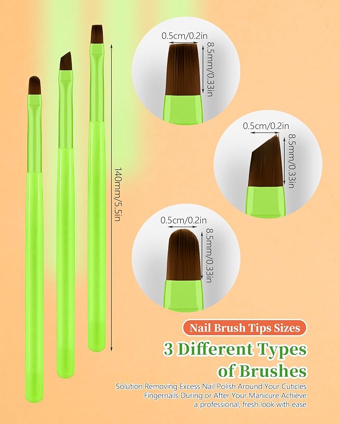 3PCS Nail Polish Clean Up Brush, Round&Falt&Angled Acetone Resistant Nail Brush for OPI Nail Polish Remover, Fingernail Cleaning Brushes at Home Nail Art and Designs(Bright Green)