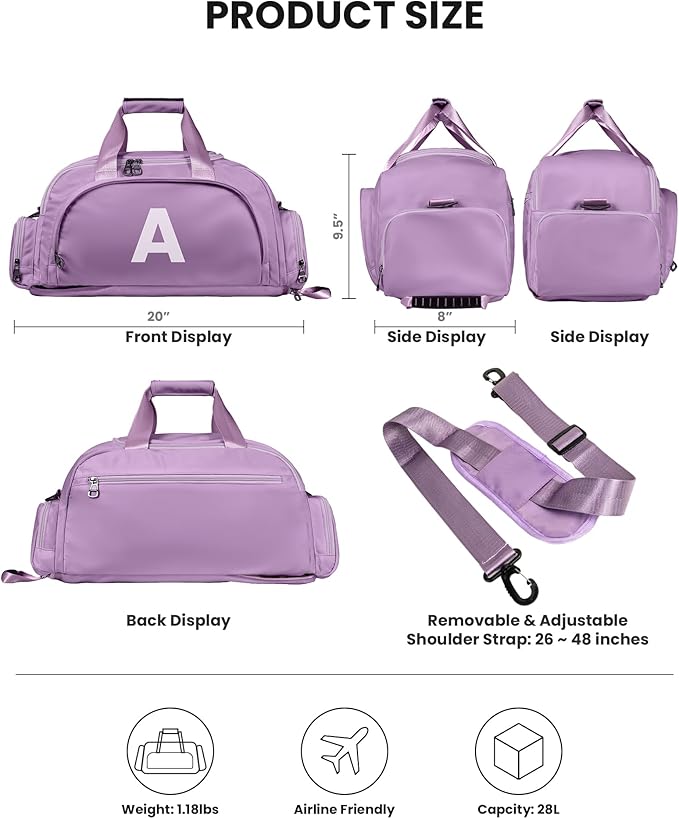 Gifts for College Girls, Initial Gym Bags with Shoe Compartment, Dance Bag for Girls, Monogram Kid Overnight Bags, Travel Duffle Tote-Perfect for Ballet Sport Gymnastics Cheer (Letter P)