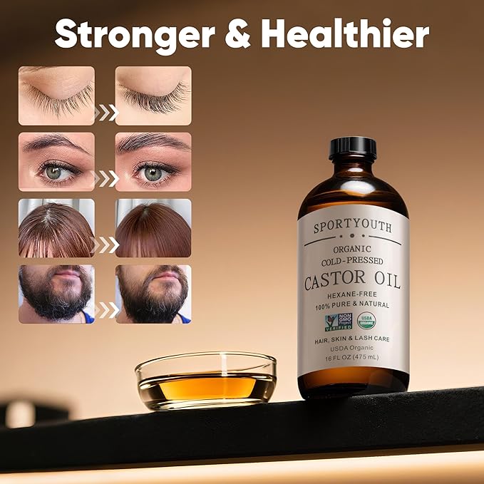 SPORTYOUTH Castor Oil Organic Cold Pressed Hexane Free USDA Certified 100% Pure Unrefined Glass Bottle 16 oz Carrier Oil for Hair Growth, Scalp, Castor Oil Pack, Eyelashes, Brows, Skin, Face, Body