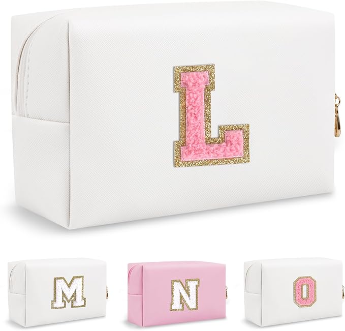 Personalized Initial Preppy Travel Makeup Bag Organizer, Small White Cute Cosmetic Bag Toiletry Zipper Pouch for Women, Portable Waterproof PU Makeup Case Gift for Her Birthday Mom Teacher(Letter L)