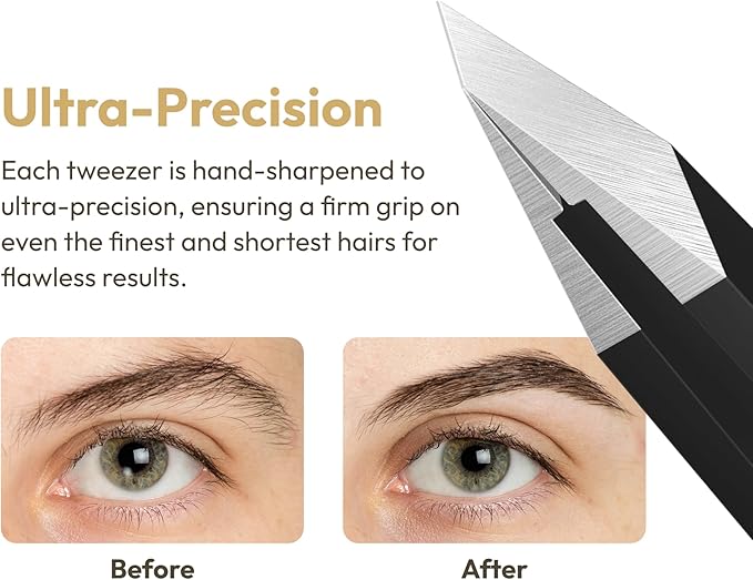 Professional Ultra-Precision Slant Tweezers for Women Facial Hair - German Stainless Steel, Tweezers for Men & Women, Black Eyebrow Tweezer for Ingrown Hair - Black