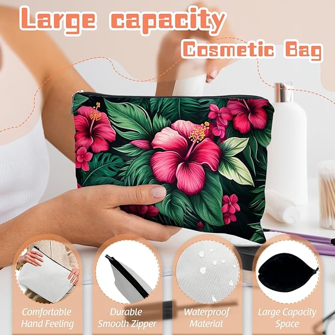 Makeup Bag Travel Cosmetic Bags Small Makeup Case Waterproof Zipper Pouch for Women Girls 7X9inches - Bold Hibiscus Flowers with Green Foliage