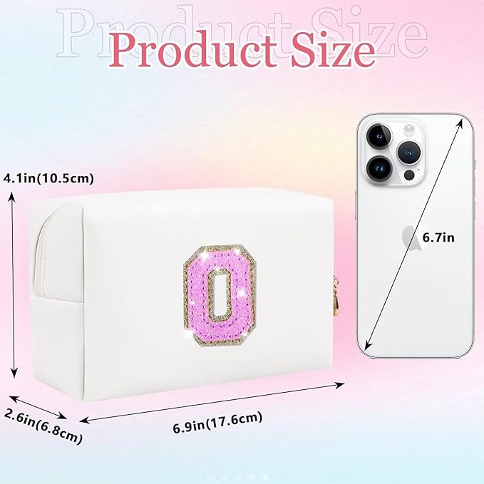Glitter Initial Letter Makeup Bag, Small Personalized Sequins Letters PU Leather Cosmetic Bag Portable Waterproof Makeup Zipper Pouch, Shine Handbag Organizer Travel Bag Gifts for Women&Girls(White-O)