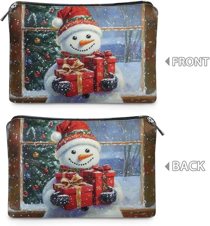 COEQINE Small Makeup Bag for Purse Mini Snowman Purses for Women Leather Cosmetic Travel Bags with Zipper Large Capacity Waterproof Portable Pouch Toiletry Make up Holiday Handbags