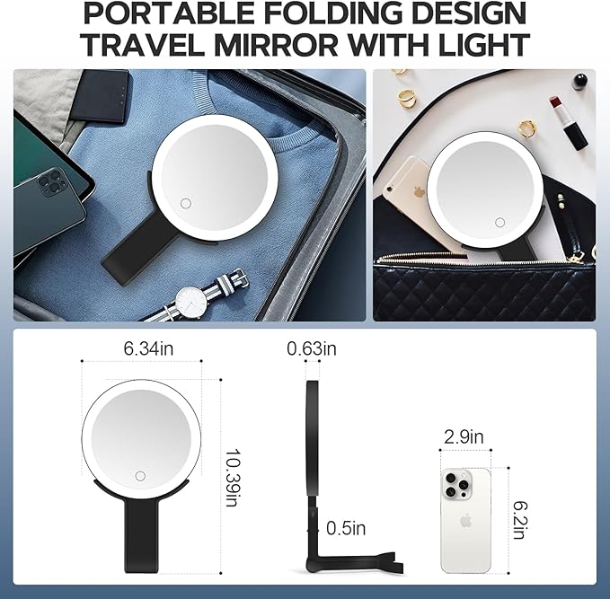 Lighted Makeup Mirror, 30X Magnifying Mirror with Light, Hanging and Handheld Mirror with Handle,Black