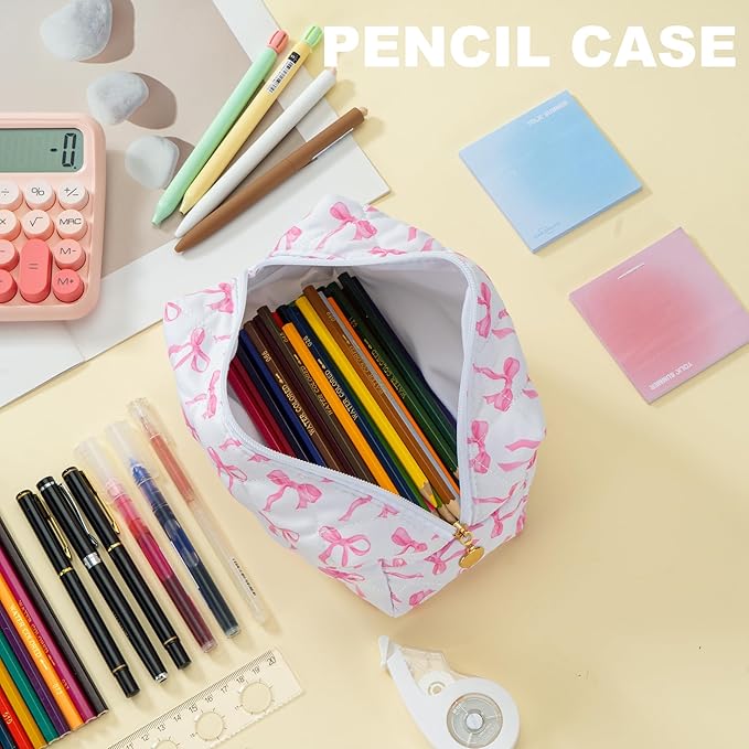 Makeup Bag Travel Toiletry Bag for Women, Small Cosmetic Bags Cute Quilted Cotton Makeup Pouch for Purse Emergency Bag for School Floral Pencil Case Accessory Bag, Ribbon Bow