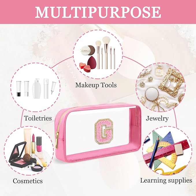 Small Clear Personalized Initial Makeup Bag,Nylon Preppy A-Z Chenille Letter Patch Cosmetic Pouch Beach Toiletry Bag,Waterproof Zipper Travel Purse Storage Bag Organizer for Women Girls(Pink-Pink G)