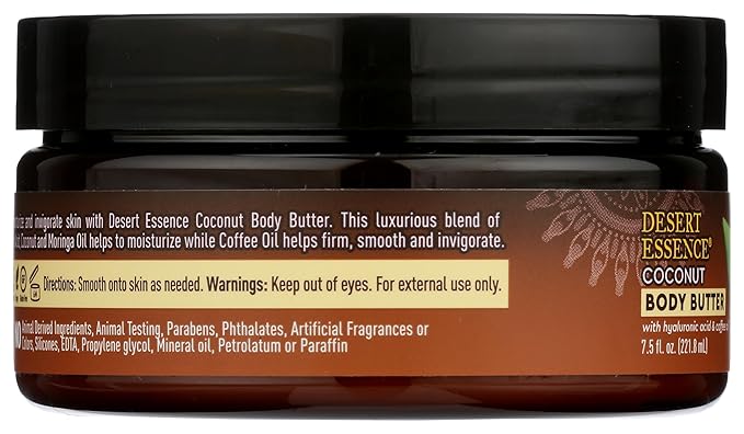 Desert Essence Coconut Body Butter 7.5oz - Hyaluronic Acid & Coffee Oil - Deeply Moisturizing and Nourishing - Moisture Rich Botanicals Coconut Oil & Moringa Oil - Helps Firm, Smooth and Hydrate