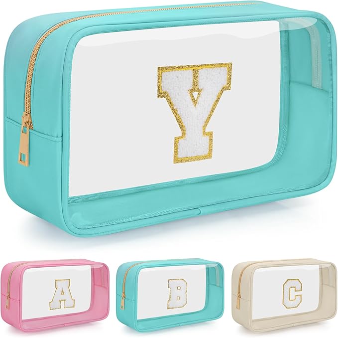 Personalized Initial Clear Makeup Bag, Travel Chenille Patch Cosmetic Bag, Preppy Toiletry Bag Monogram Cosmetic Pouch with Zipper, Ideal Gift for Teen Girls Women (Clear-Green, Y)