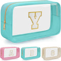 Personalized Initial Clear Makeup Bag, Travel Chenille Patch Cosmetic Bag, Preppy Toiletry Bag Monogram Cosmetic Pouch with Zipper, Ideal Gift for Teen Girls Women (Clear-Green, Y)