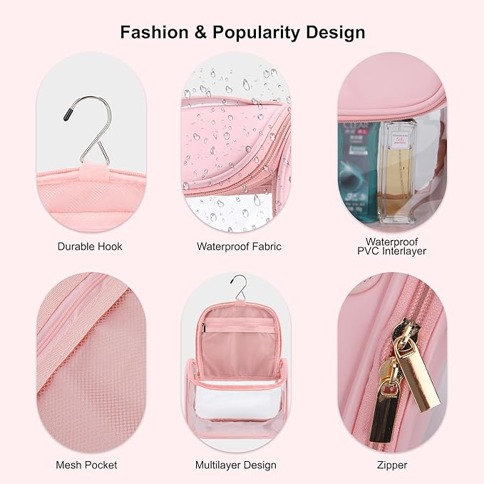 YFG Travel Toiletry Bag, Transparent Cosmetic Organizer with Hook, Portable, Organizer, for Travel-Sized Shampoo, makeup Accessories, Brushes Set, Conditioner, Medium Size