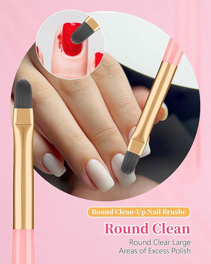 3PCS Nail Polish Clean Up Brush, Round&Falt&Angled Acetone Resistant Nail Brush for OPI Nail Polish Remover, Fingernail Cleaning Brushes at Home Nail Art and Designs(Emerald Pink)