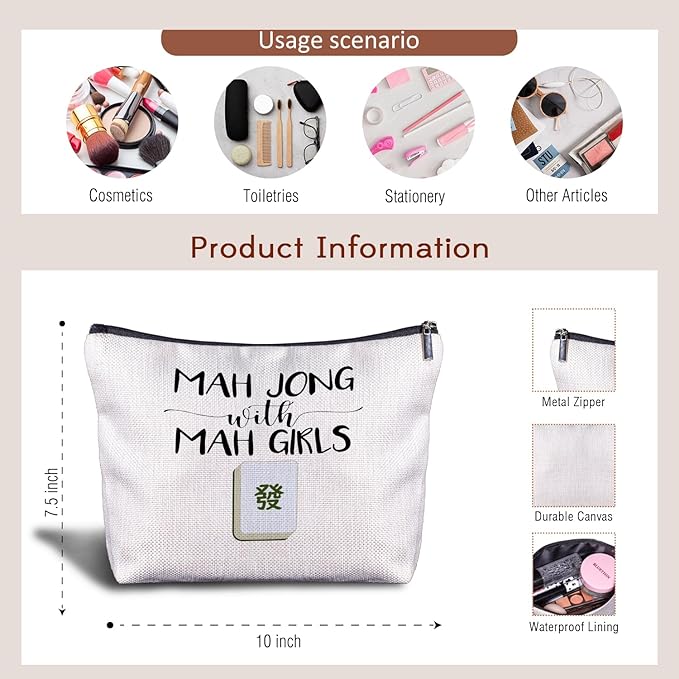 Mahjong Gifts for Women - Funny Mahjong Makeup Bag with Mah Girls Cosmetic and Toiletry Bag Accessories