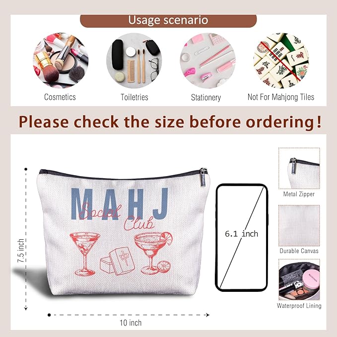 Trendy Mahjong Cocktail Makeup Bag, Mahjong Lover Player Gifts Cosmetic Bags for Women, Gifts for Cocktail Lovers Makeup Zipper Pouch